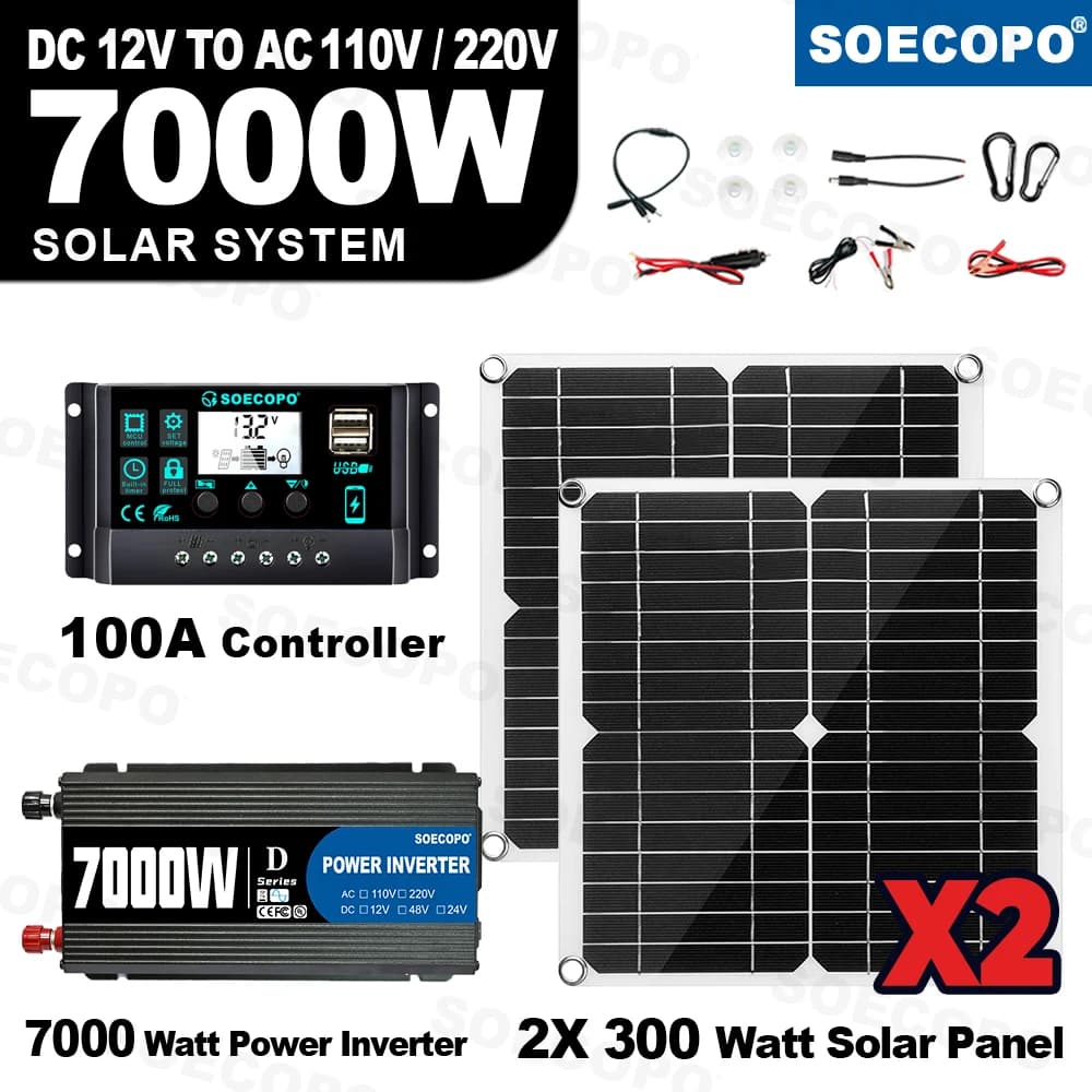 Kit di energia solare portatile da 7000 W Pannello ad alta efficienza da 600 W + controller da 100 A + inverter da 12 V a 110 V/220 V Ideale per il campeggio in camper
