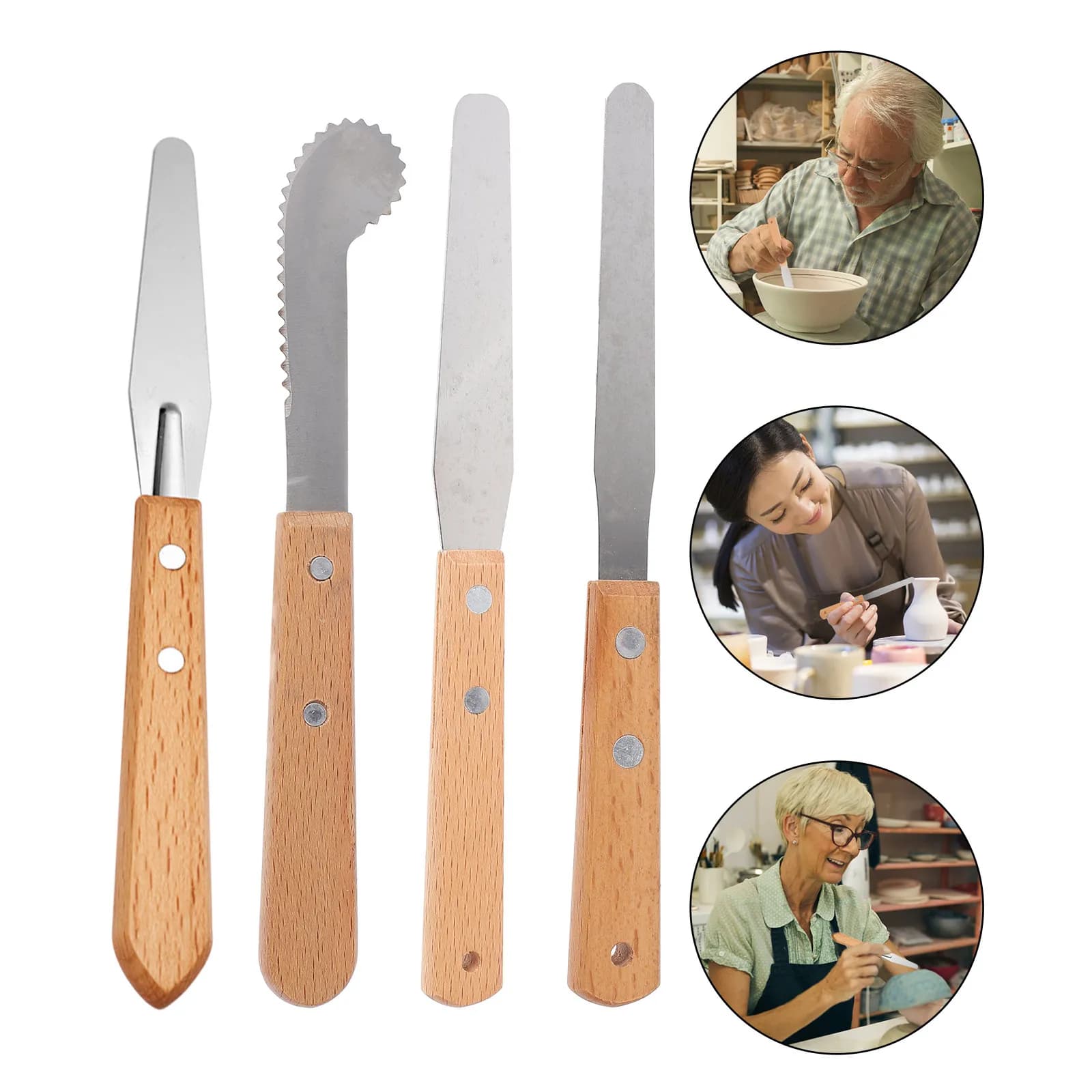 Set of 4 Stainless Steel Painting Knives with Wood Handle, Sculpture Tools, Clay Modeling, Ceramics, Art & DIY