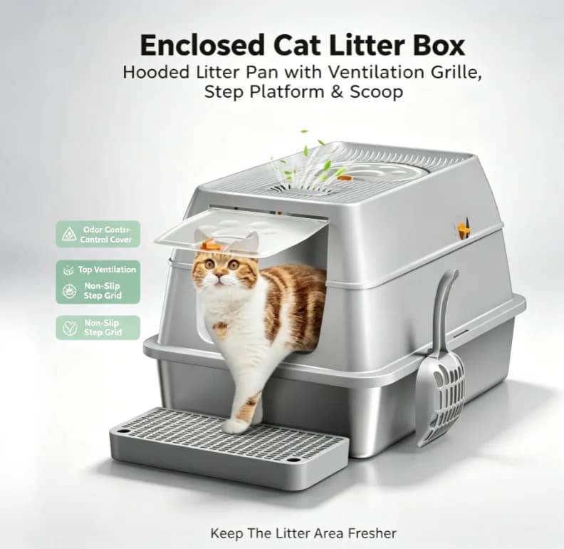 ZHAYA ZHAYA Stainless Steel Enclosed Cat Litter Box W/Carbon Filters - Odor-Free Anti-Leakage High Sides Removable Lid for