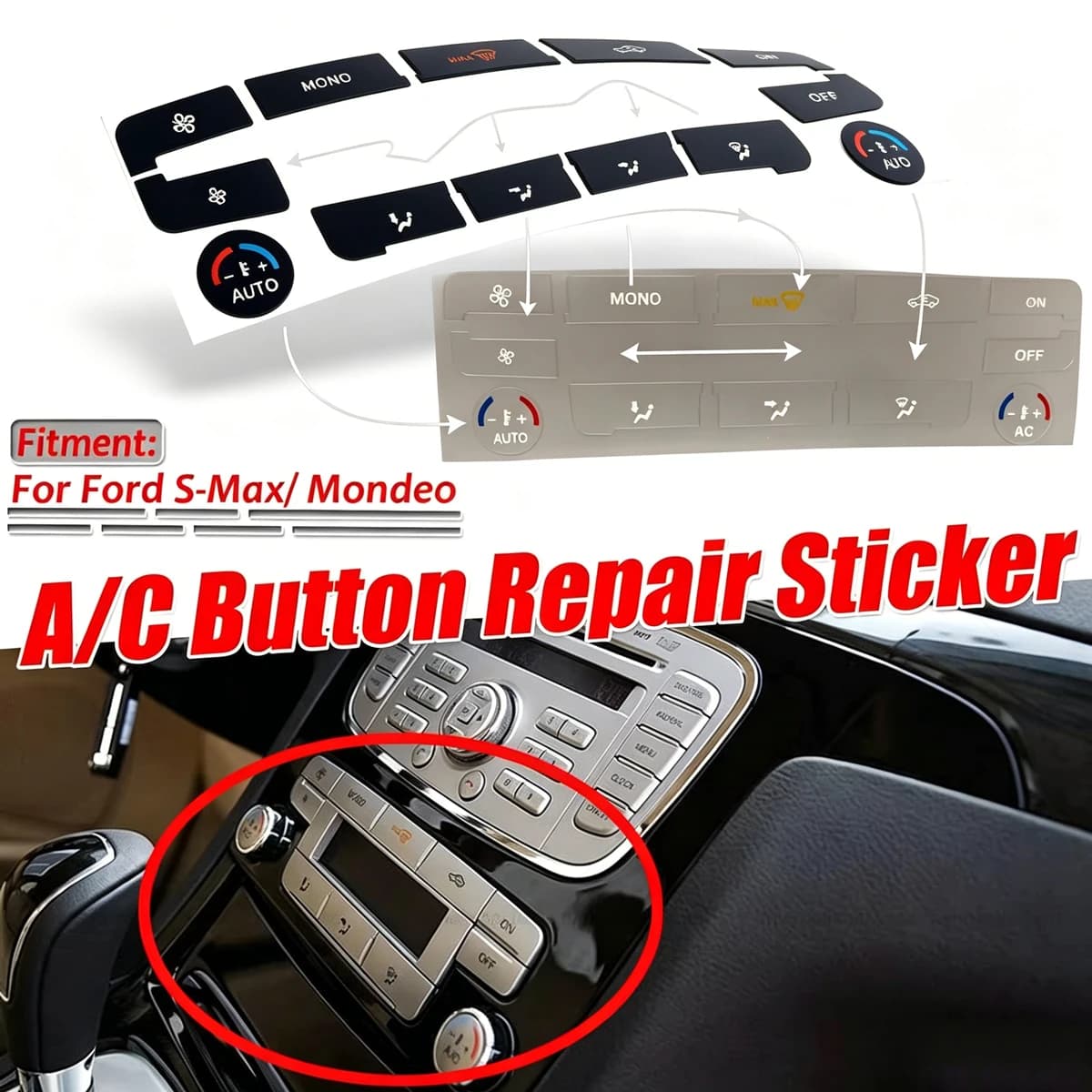 Silver/Black Car Air Condition AC Climate Control Button Repair Sticker Decal For Ford S-Max/ For Mondeo Fix Ugly Button