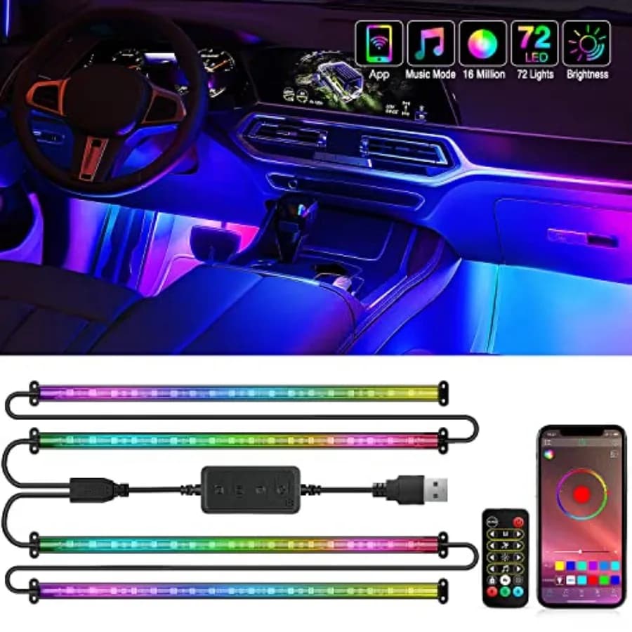 Kit Luci Interne a 72 LED USB Multicolore con Controllo RF - IC 12V DC per Illuminazione Sottocruscotto e Vano Piedi, 2 Linee