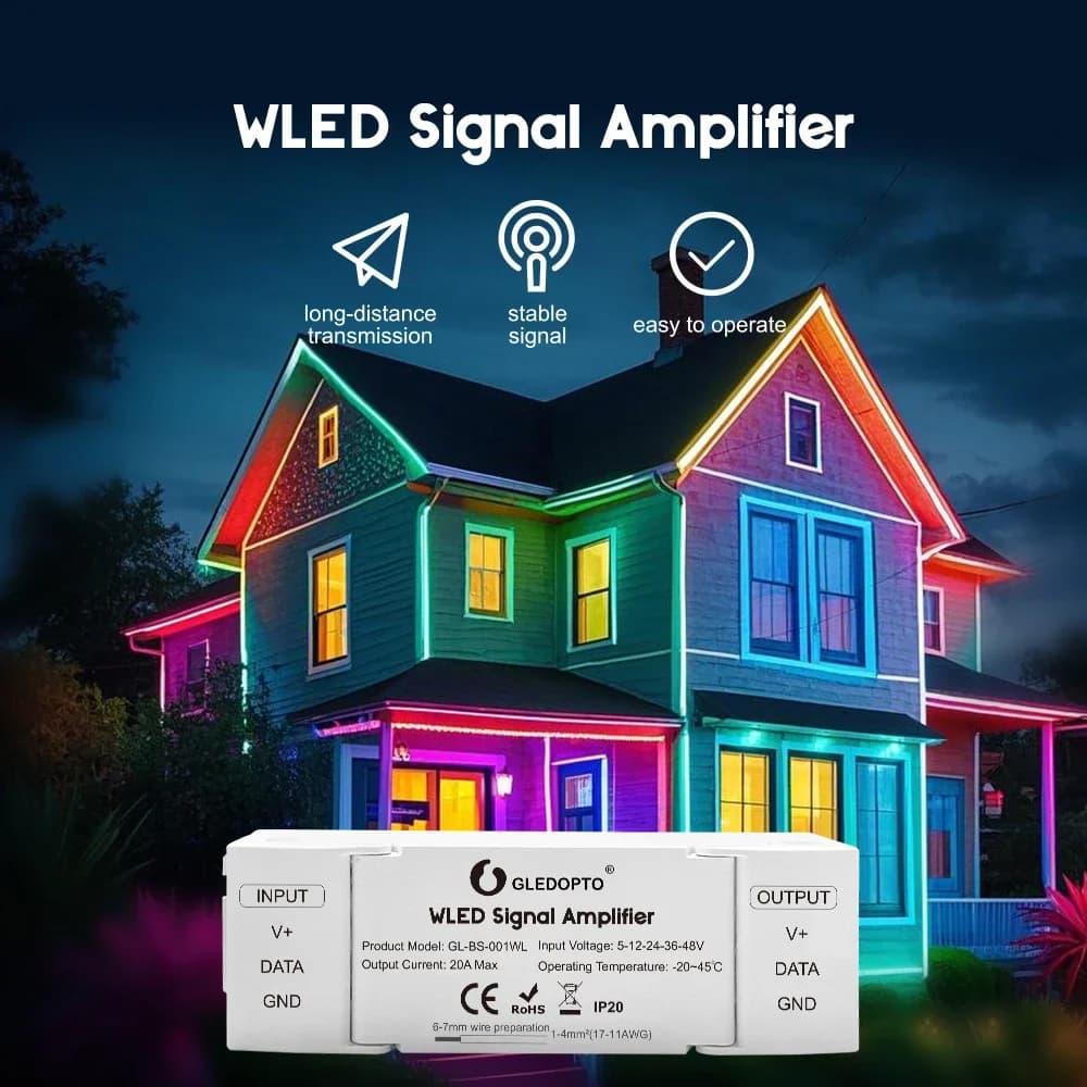 GLEDOPTO Signal Amplifier WLED 5-48V 10M Extension for WS2811 WS2812 SK6812 RGBIC Digital Controller for LED Light Strips