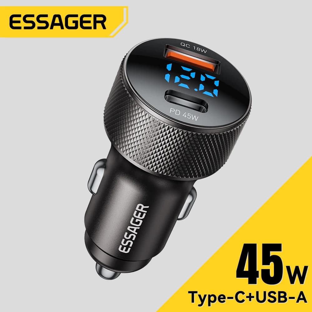 Essager USB C Car Charger 45W 2 ports PD3.0 QC3.0 Digital Display Car Charger for iPhone 16 15 Xiaomi Huawei OPPO