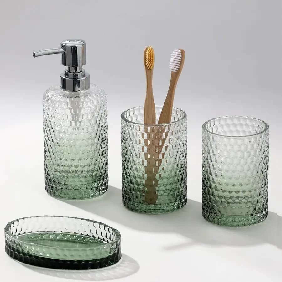 Set di Accessori per il Bagno, 4 Pezzi in Vetro Trasparente, Dispenser Sapone Liquido, Porta Spazzolini, Bicchiere, Portasapone per Bagno Moderno