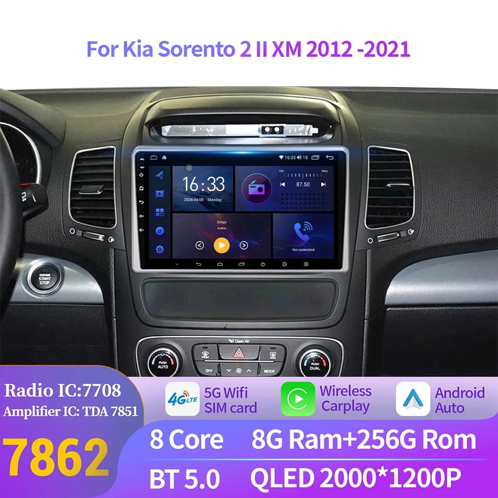 Per Kia Sorento 2 II XM 2012 2013 2014 2015 2016-2021 Autoradio Wireless CarPlay Android 14 Multimediale di Navigazione 2K QLED Schermo