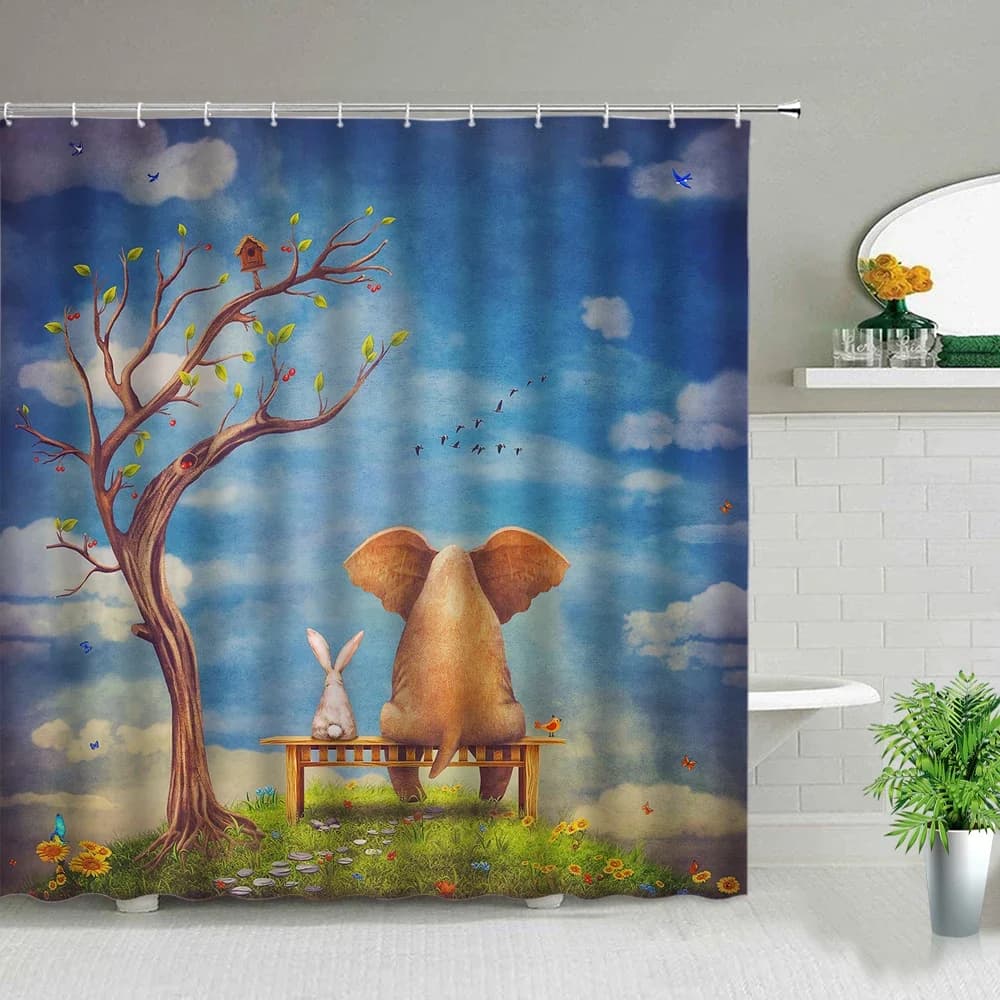 Tende da doccia con motivo stampato a forma di elefante, impermeabili, per bagno, decorazione per la casa, in tessuto di poliestere con ganci