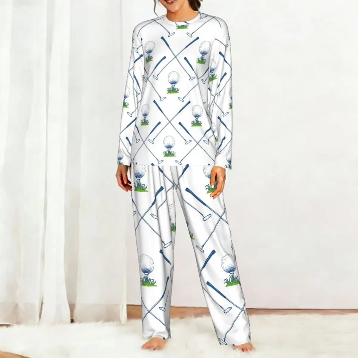 Golf Pattern With Busket And Ball Round Neck Long Sleeve Nightgowns for Sleeping Sleepshirts Women Soft Pajama Set Long Pants