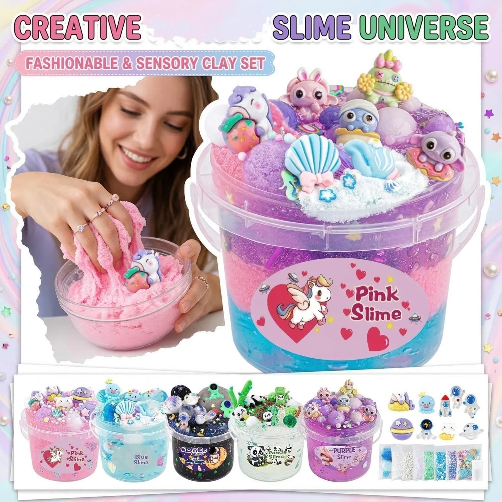 Kit Creativo di Slime alla Moda, Set di Argilla Sensoriale, Secchiello di Slime Tematico, Charm Decorativi, Antistress, Kit Fai-da-Te
