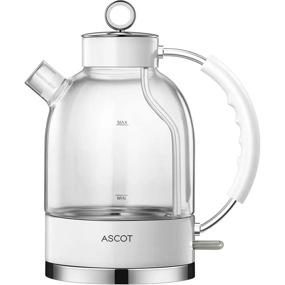 Bollitore elettrico in vetro da 1,5 litri e 1500 W con spegnimento automatico e protezione contro l'ebollizione a secco per uomini, donne e famiglie (Polar White)