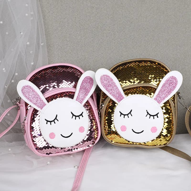 Nuovo zaino per bambini per ragazzi e ragazze: borsa da scuola alla moda con paillettes con design di coniglio cartone animato e tracolla a tracolla
