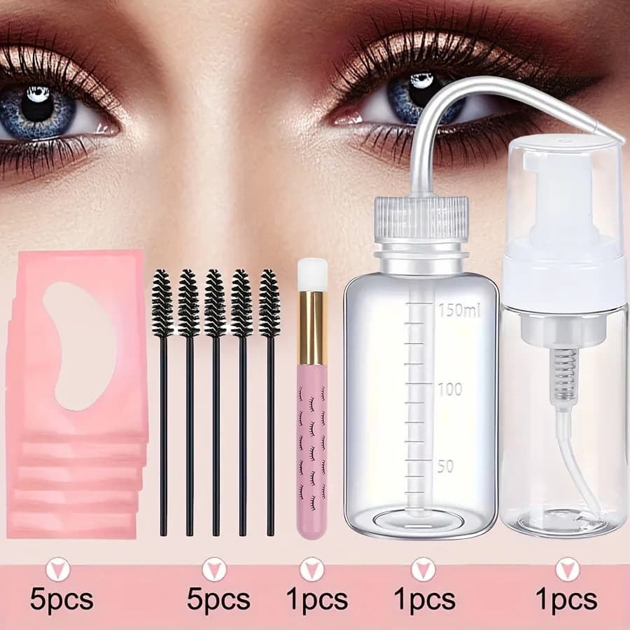 13Pcs Eyelash Extension Cleaning Kit 5 in 1 Lash Shampoo Brush Soap Foam Washing Bottle Set Eyebrow Mascara Wand Eye Pad Patches