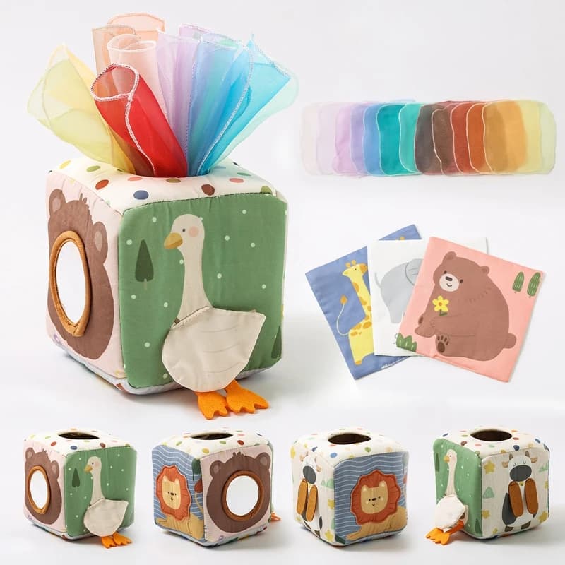 Scatola del tessuto di cotone per bambini Giocattoli Montessori Giocattoli sensoriali morbidi colorati per il bambino Esercizio con le dita Pompaggio Sciarpa di seta Gioco per bambini
