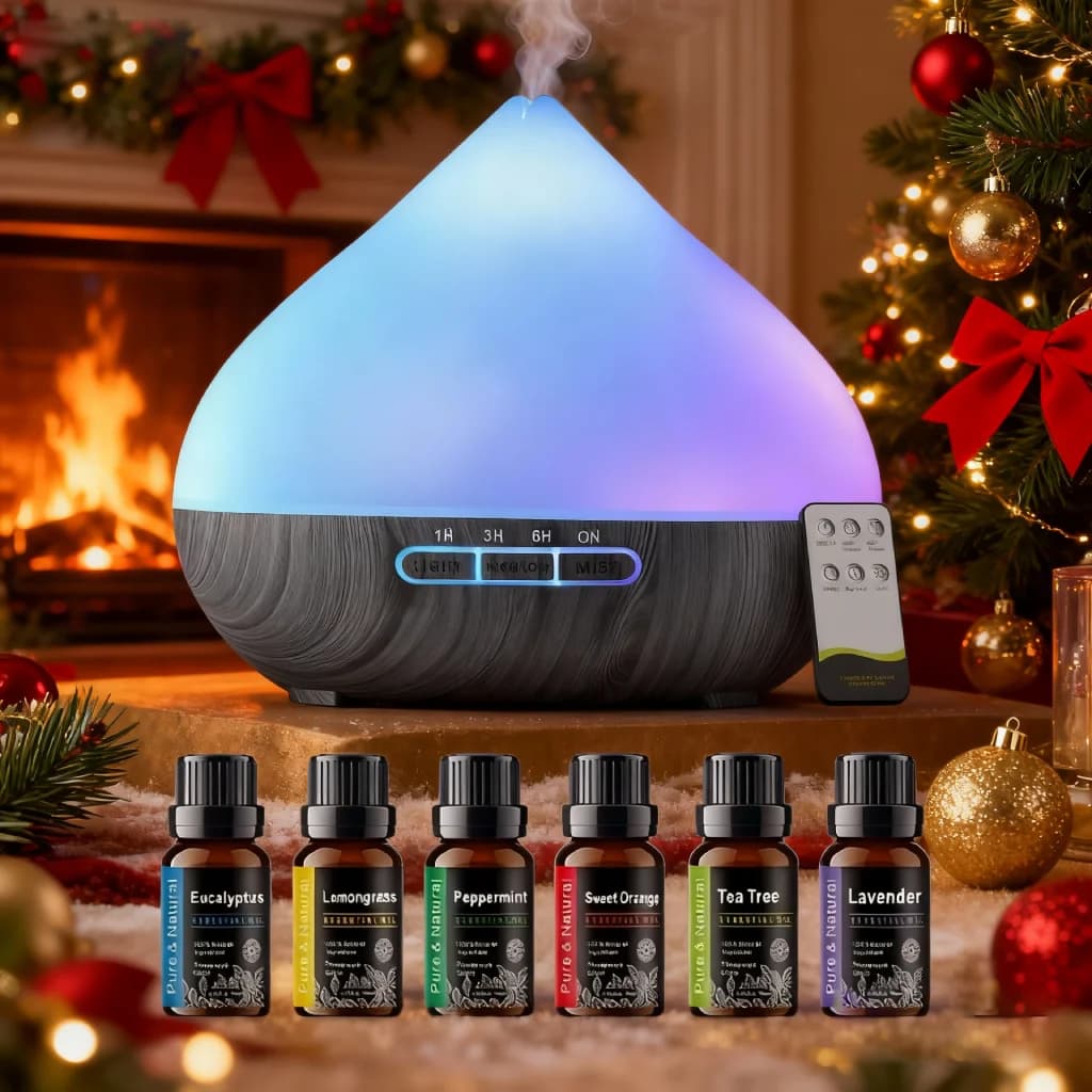 500 ml ultrasound humidifier, essential oils diffuser for aromatherapy with LED night lights and 6 oils for home, office and yoga