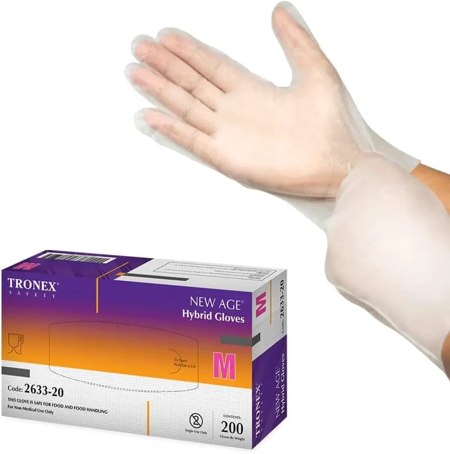 Hybrid PE disposable gloves with stretch fit and embossed texture latex free clear design