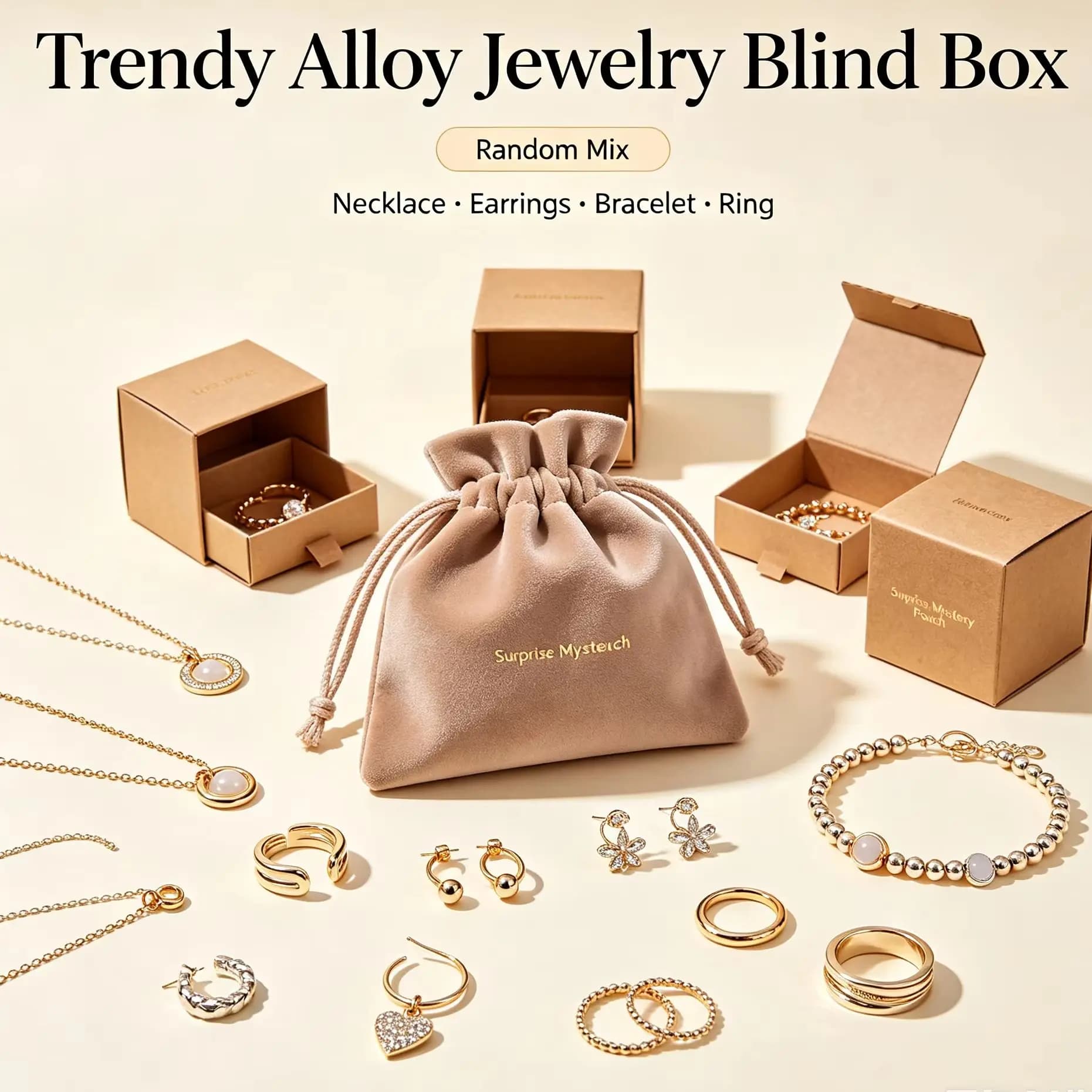 Trendy Ladies Alloy Jewelry Blind Box Random Mixed Necklace Earrings Bracelets Rings Surprise Mystery Pouch Daily Wear Matching Jewelry Gift For Girls