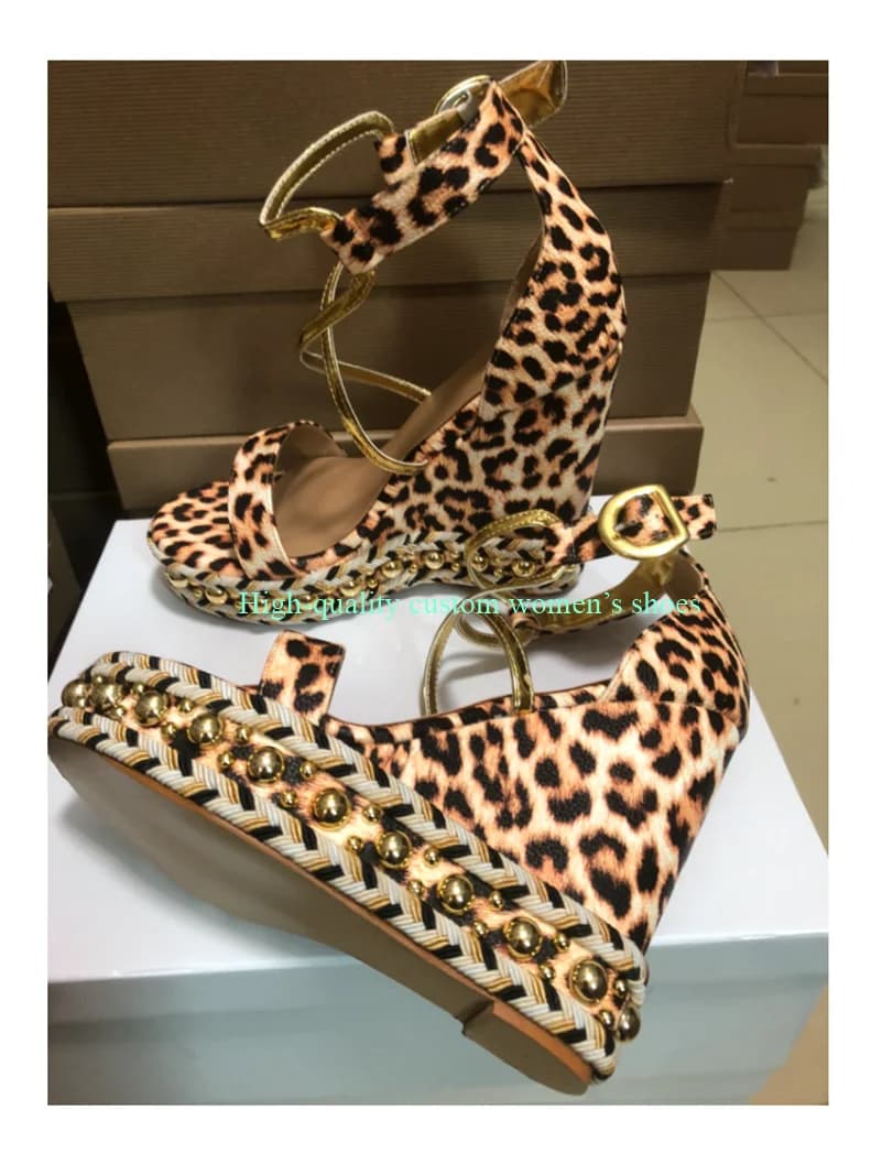 Round Head Toe Waterproof Platform Wedge Heels Leopard Print Sandals Metal Round Large And Small Rivets Decorative Luxury Heels