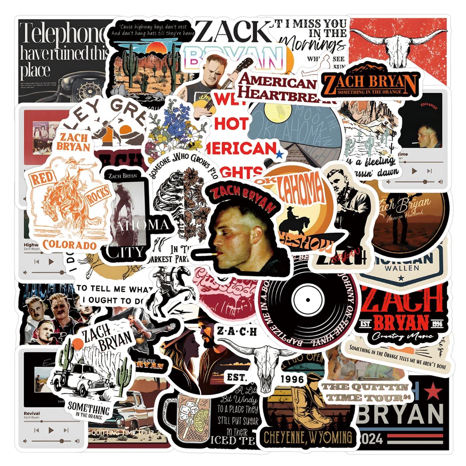 55 pieces Zach Bryan sticker for official scrapbook auto bike helmet skateboard water bottle phone portable photo album toys stickers
