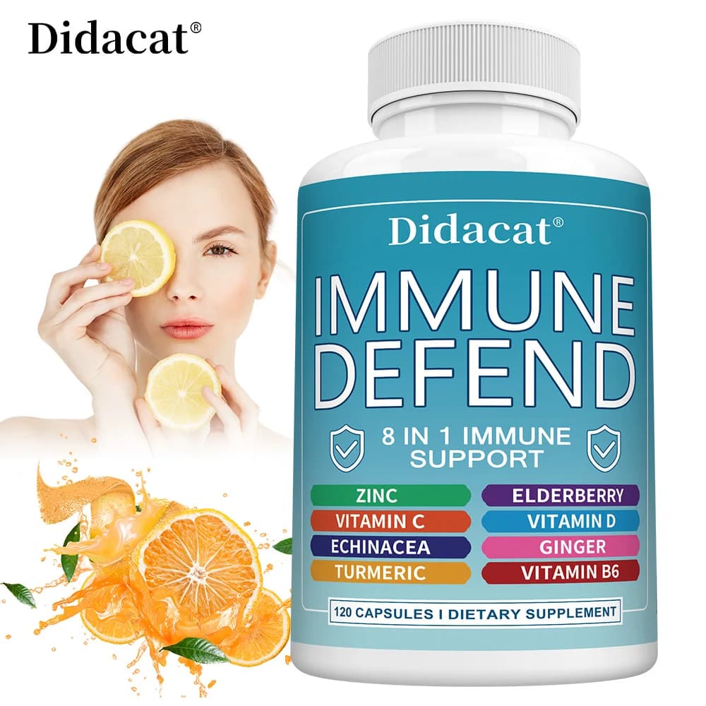 Advanced immune support, supplement 8 in 1, with vitamin C, D, B6, zinc, elder, turmeric, ginger and equinacea, antioxidants