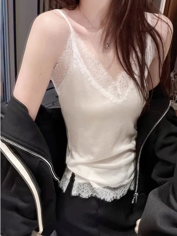 Ice Silk Lace V-Neck Strap Vest Women's Outerwear Summer Suit Base Knitted Top Slim Fit Commute Style Pure Color