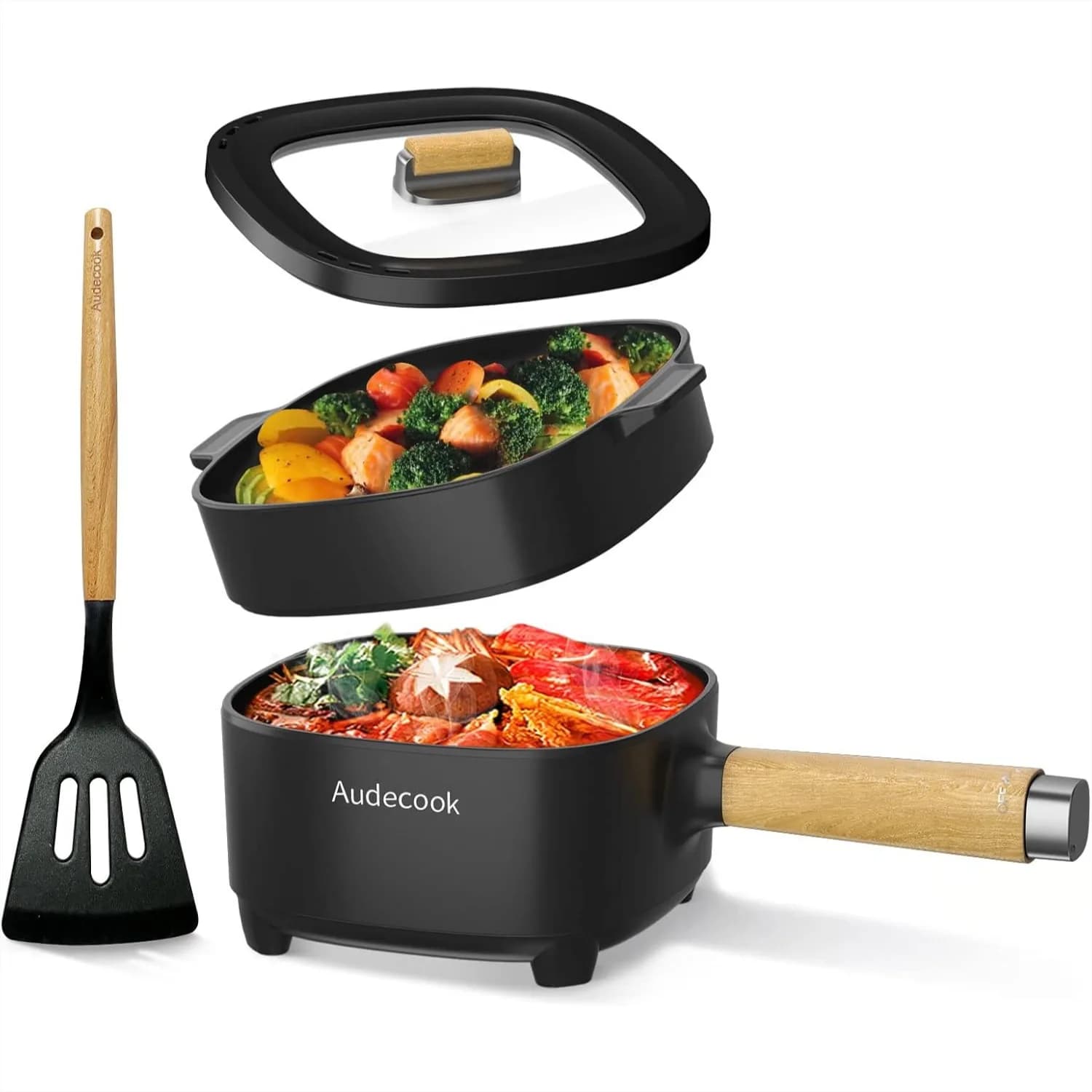Pentola Elettrica 2L con Vaporiera, Padella Antiaderente in Ceramica 8 Pollici, Fornello Portatile da Viaggio per Ramen/Bistecche/Riso Fritto, Doppia Funzione