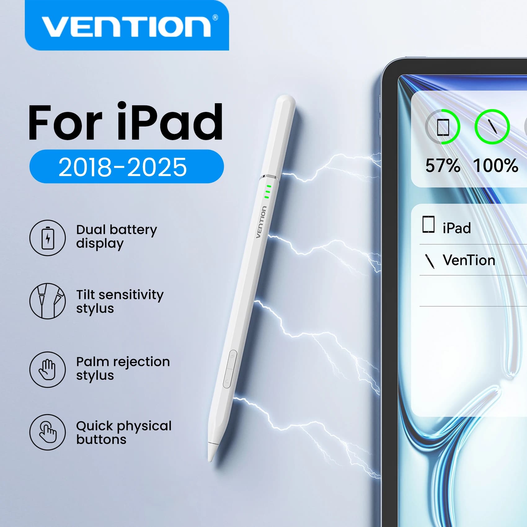 Vention Penna Stilo Magnetica con LED e Rilevamento del Palmo, Stilo Attivo con Pulsanti Personalizzabili per iPad Air Pro 2018-2025