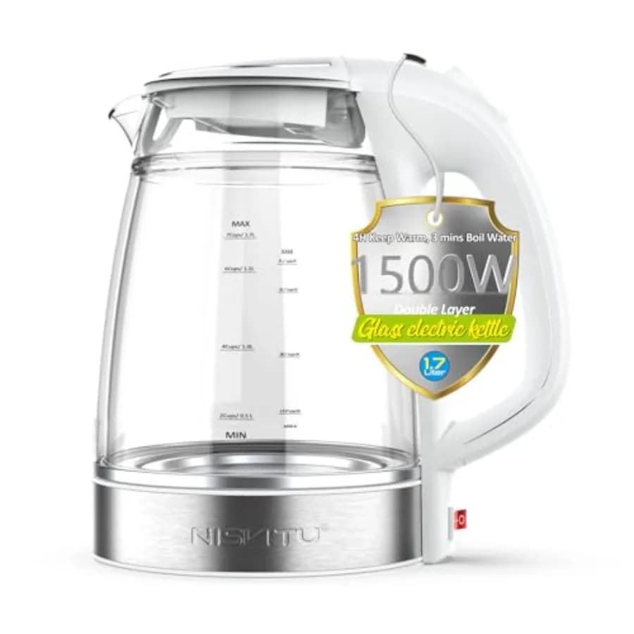 Bollitore Elettrico a Doppia Parete da 1,7L, Interno in Vetro Borosilicato Senza BPA, Esterno in PC, 1500W, Ebollizione Rapida Senza Fili