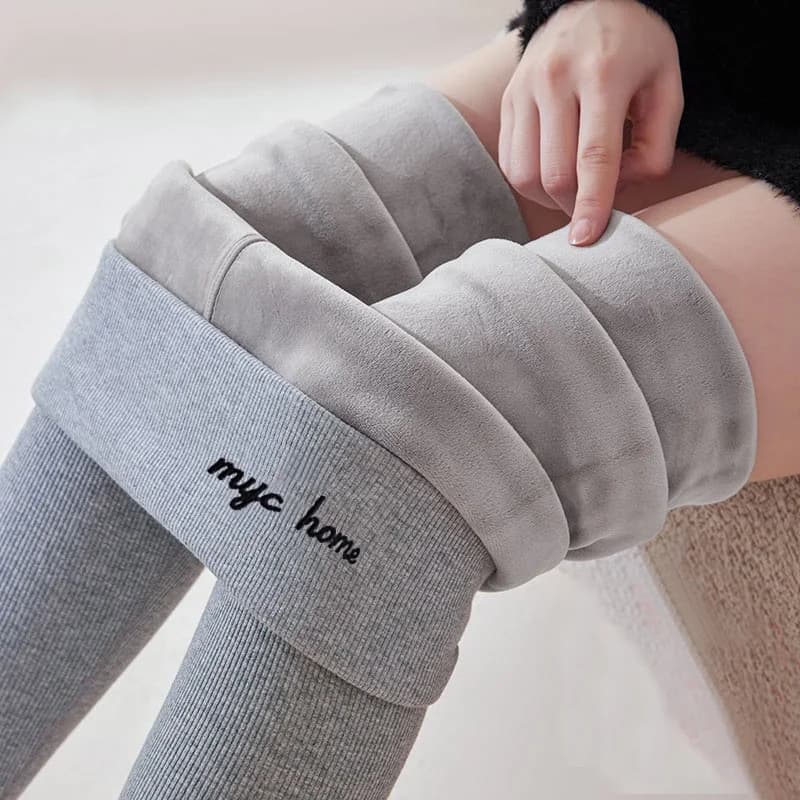Leggings da donna grigi felpati a vita alta, spessi, caldi ed elasticizzati, in cotone, per autunno inverno, modello a nove punti