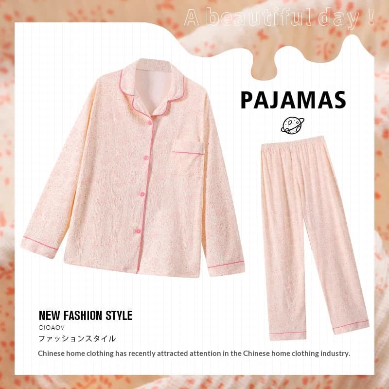 Nuovo Set Pigiama da Donna Primavera-Autunno, Cardigan in Tessuto Stropicciato, Abbigliamento da Casa a Maniche Lunghe