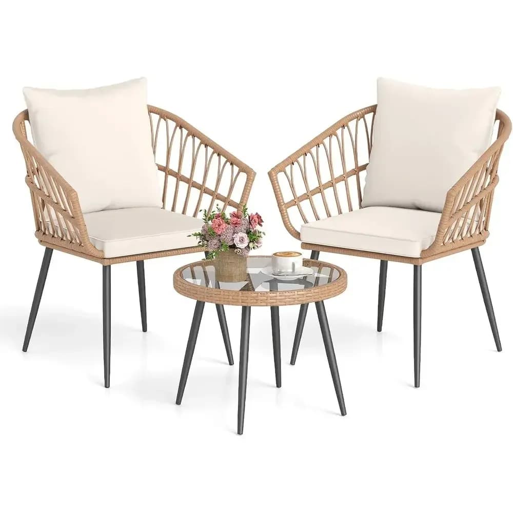 3-Piece Outdoor Bistro Set with PE Rattan Chairs, Round Glass Table, and Cushions for Patio or Balcony (White, 16.5 × 15.5 Inch)