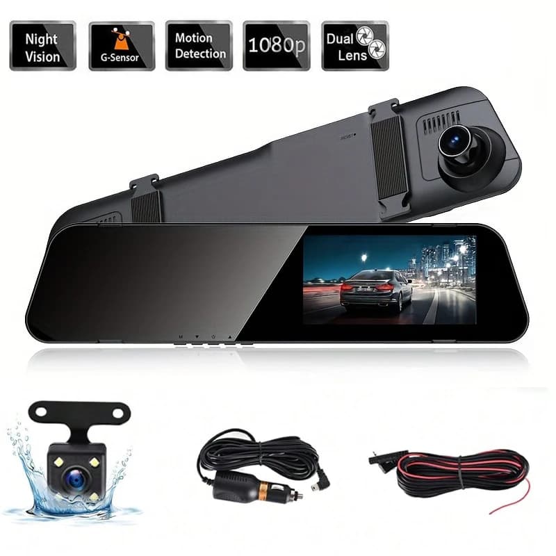 Dash Cam with 4,5 inch mirror, double camera with front and rear mirror, loop recording, wide angle, G sensor, parking assistance