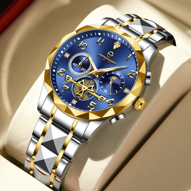 PENGAGAR Luxury Man Wristwatch Military Waterproof Luminous Chronograph Men Watch Stainless Steel Men's Quartz Watches+box Reloj