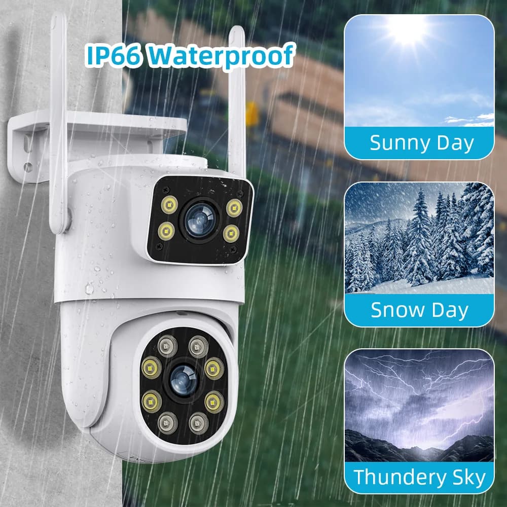 Telecamera di sicurezza PTZ wireless HD 4MP per esterni con doppia lente WIFI, visione notturna, rilevamento PIR e rilevamento umano, impermeabile, con doppia lente ICSEE