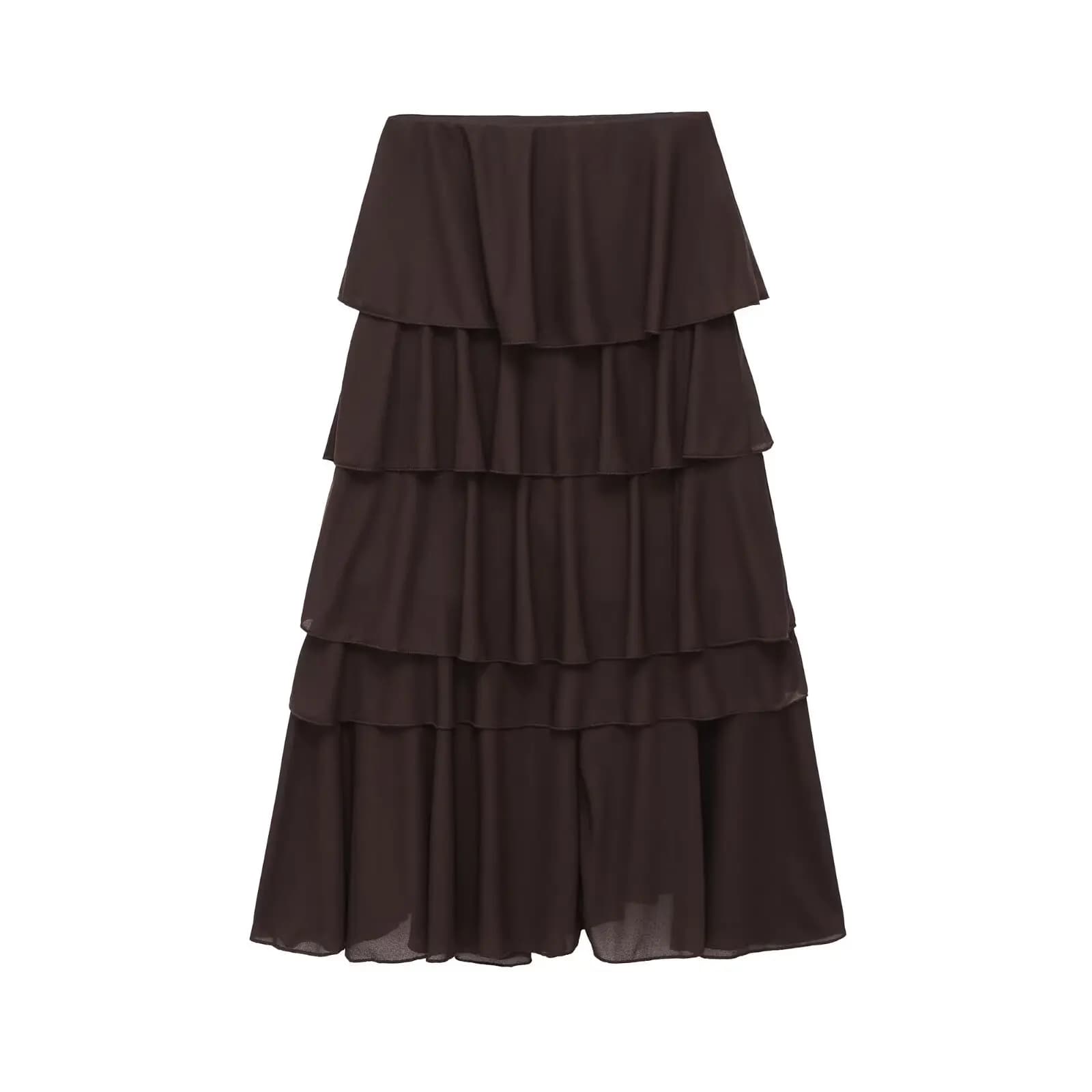 2026 Spring Summer Women's Elegant Elastic Waist Long Tierred Ruffles Midi Skirts Lady Vintage Luxury Brown Trendy Layered Dress