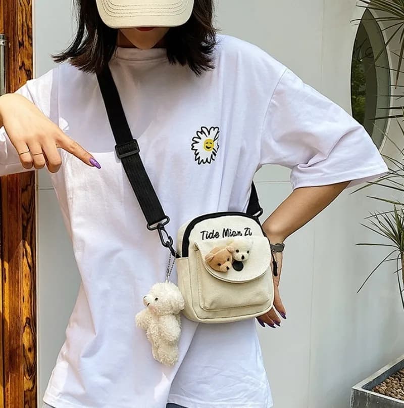 Cute Bear Canvas Mini Crossbody Bag Adjustable Strap Snap Button Shoulder Purse for Girls Daily Shopping Travel Outdoors