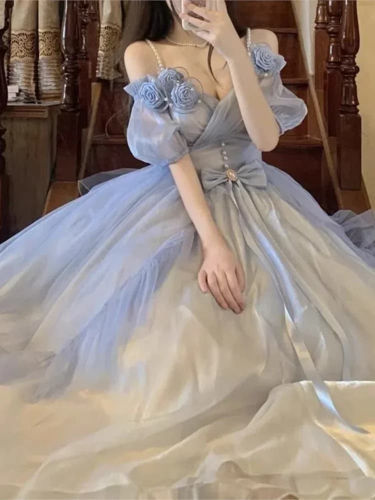 Abito da sposa Lolita a fiori sfumato di luce blu rosa fata principessa Kawaii dolce ed elegante Lolita Tea Party abiti vittoriani 28