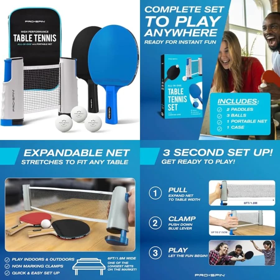 Set da Ping Pong Portatile con Rete Retrattile per Qualsiasi Tavolo, Set Completo di Tennis da Tavolo con Racchette e Palline