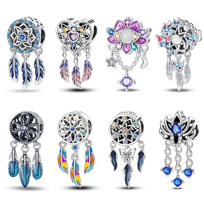 Fashion 925 Silver Color Feather Colorful Dreamcatcher Charms Bead Fit Pandach 925 Original Bracelets Exquisite DIY Jewelry Gift