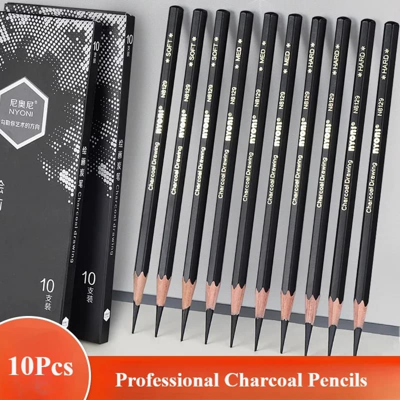 Professional Charcoal Pencils Drawing Set -10 Pieces Soft, Medium and Hard for Drawing, Sketching, Shading, Beginner Artists
