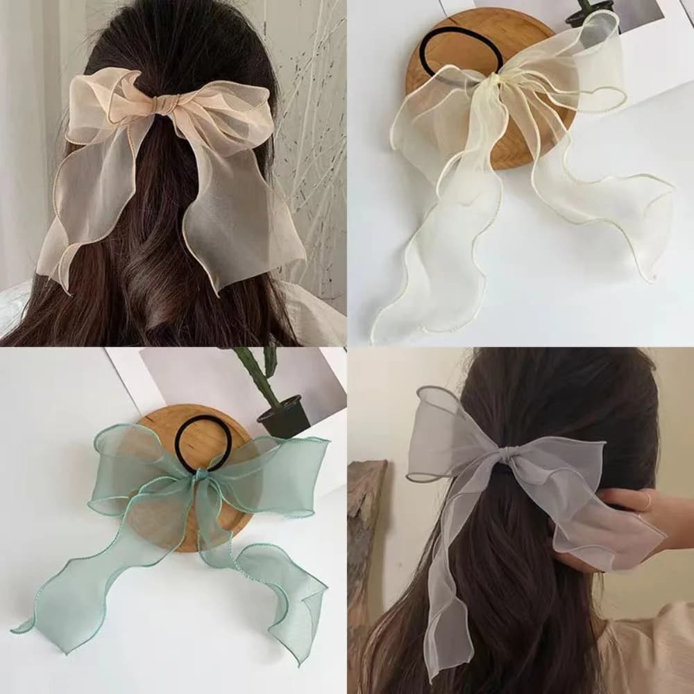 Elastici per capelli con nastro in filato di pizzo tinta unita primaverile, fiocco da donna, corda elastica per capelli, porta coda di cavallo, accessori per legami per capelli per ragazze
