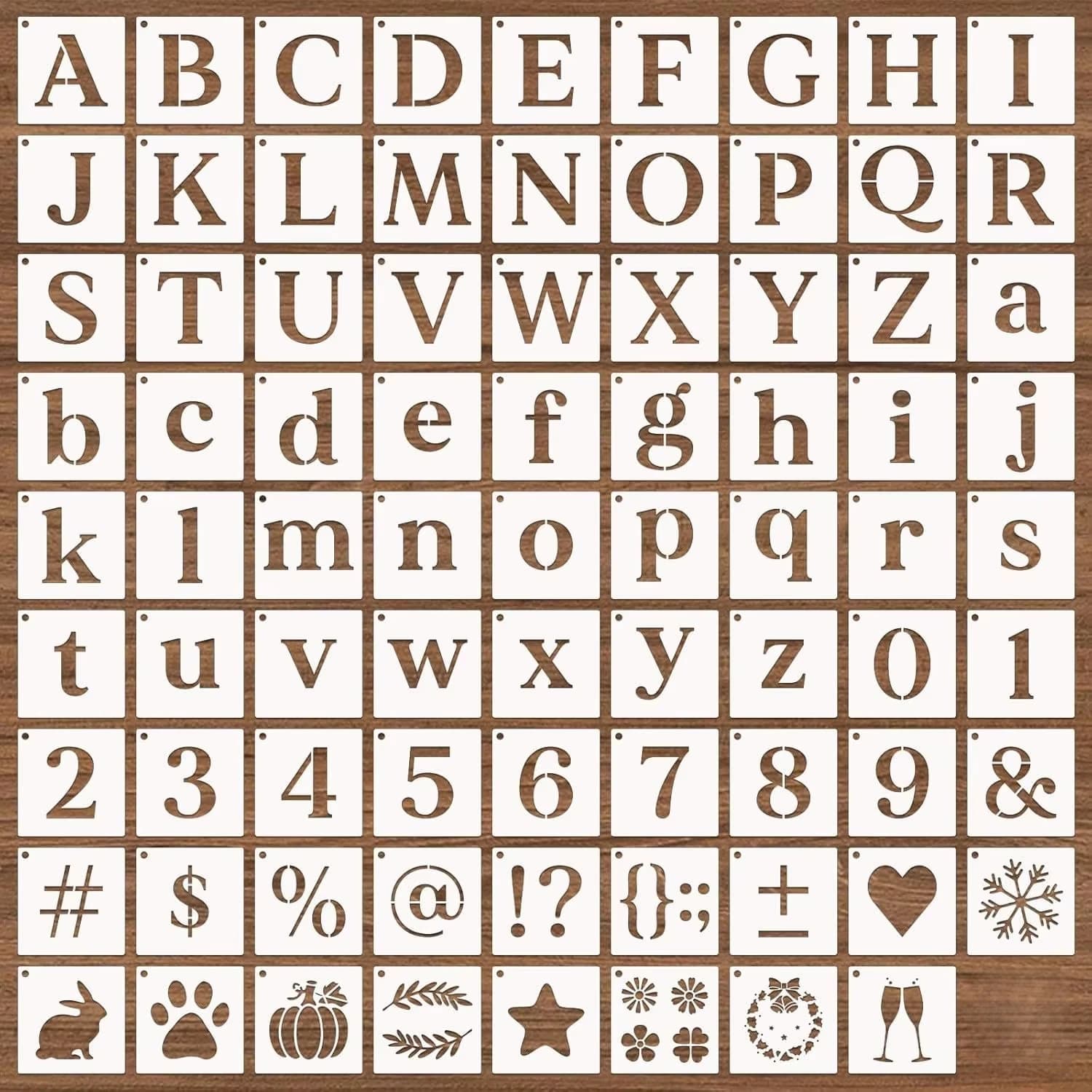 80-Piece Set of Alphabet, Number, and Symbol DIY Stencils, Including Uppercase and Lowercase English Letters, Numbers, Symbols, and Fun Patterns. Washable and Reusable, Suitable for Scrapbooking, Stone Painting, Wooden Signs, Wall Decoration, and Other Creative Crafts as Hollow-Out Painting Templates
