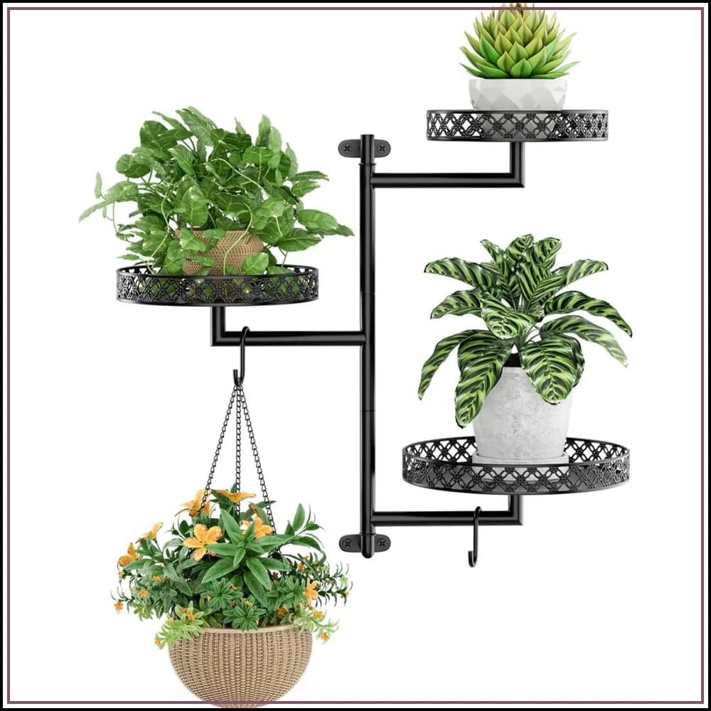3-Tier Rotating Window Plant Shelves - Wall Plant Stand with Hanging Hooks, Black