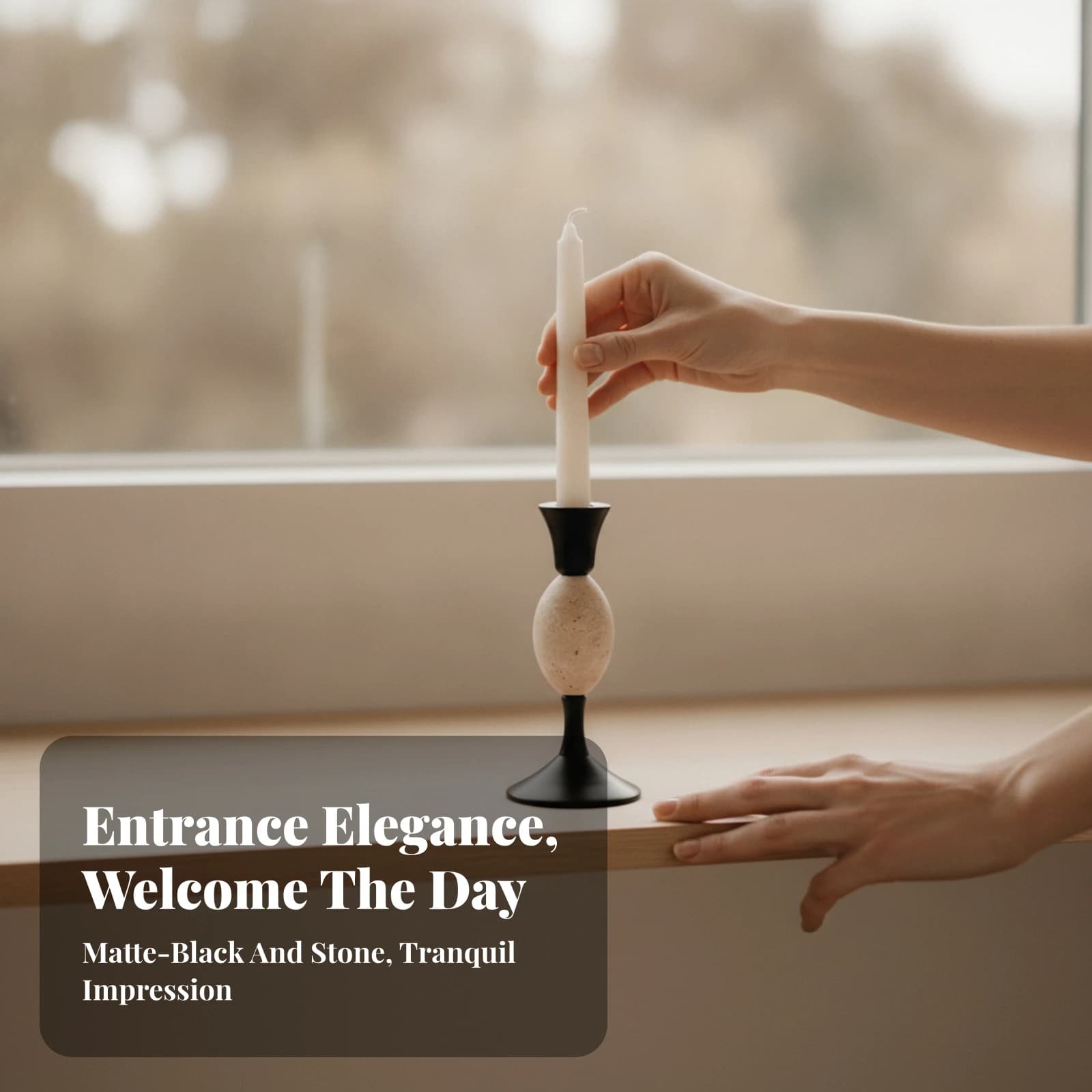 Candlestick Holder with Stone Center Elegant Candlestick Holder Candle Stand Tabletop Candles Timeless for Minimalists, Mantel