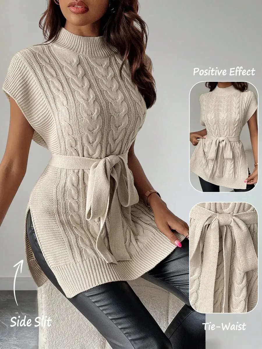 Gilet in maglia a trecce color crema senza maniche con cintura in vita e spacco laterale