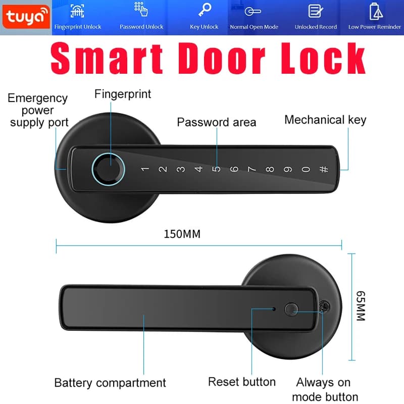 Serrature Intelligenti con App Tuya, Password, Impronta Digitale e Chiave per Bagno, Camera da Letto, Casa, Serratura Elettrica per Sicurezza e Protezione