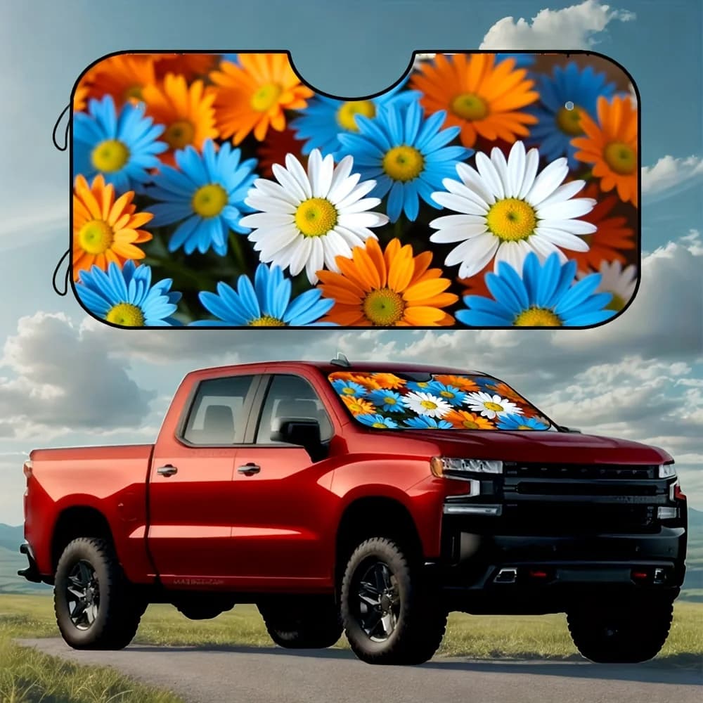 1pc Car Windshield Sunshade With UV Protection & Heat Shield - Heavy-Duty Black Polyester, White/Blue/Yellow/Orange Daisy Print,