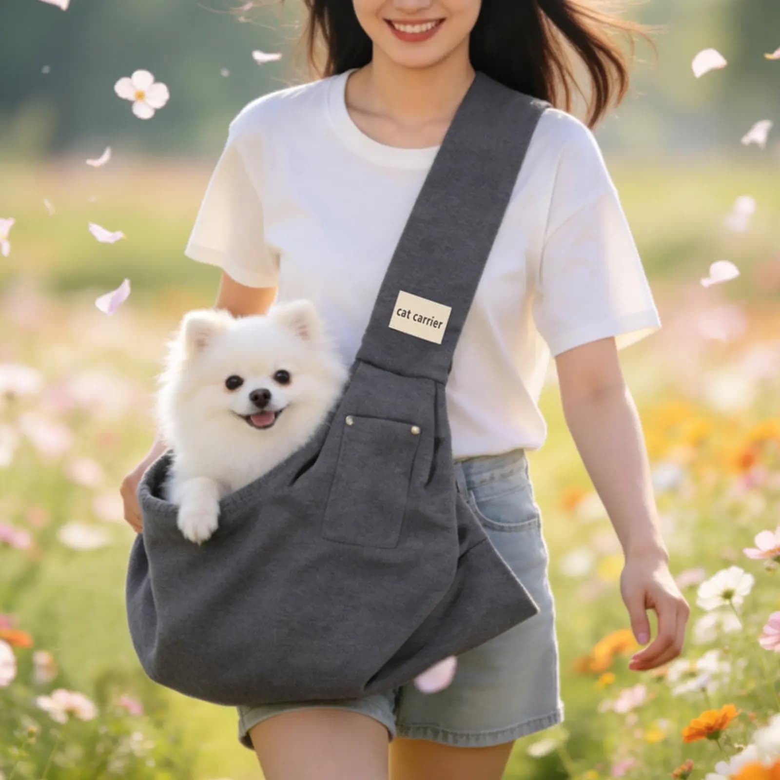 Borsa Trasportino per Animali Domestici con Tracolla Larga, Borsa a Tracolla per Cani con Tasca Frontale, Leggera per lo Shopping
