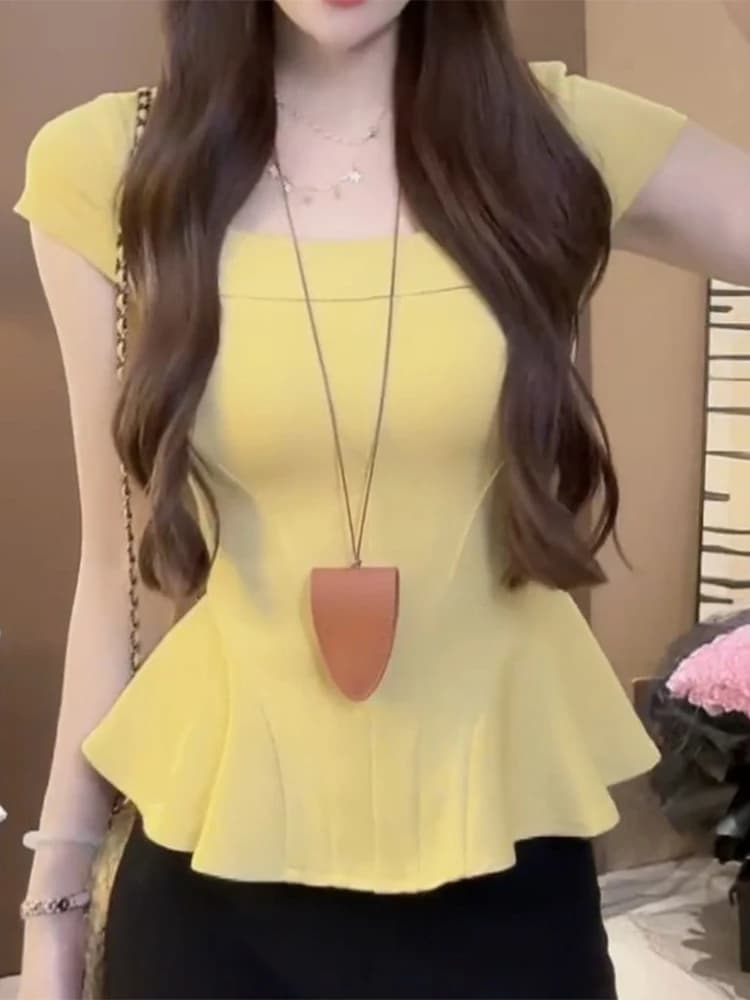 Summer New Style Pure Desire Square Collar Short Sleeve T-Shirt Women's Beautiful Waist-Cut Top Casual Slim Fit Summer Tee