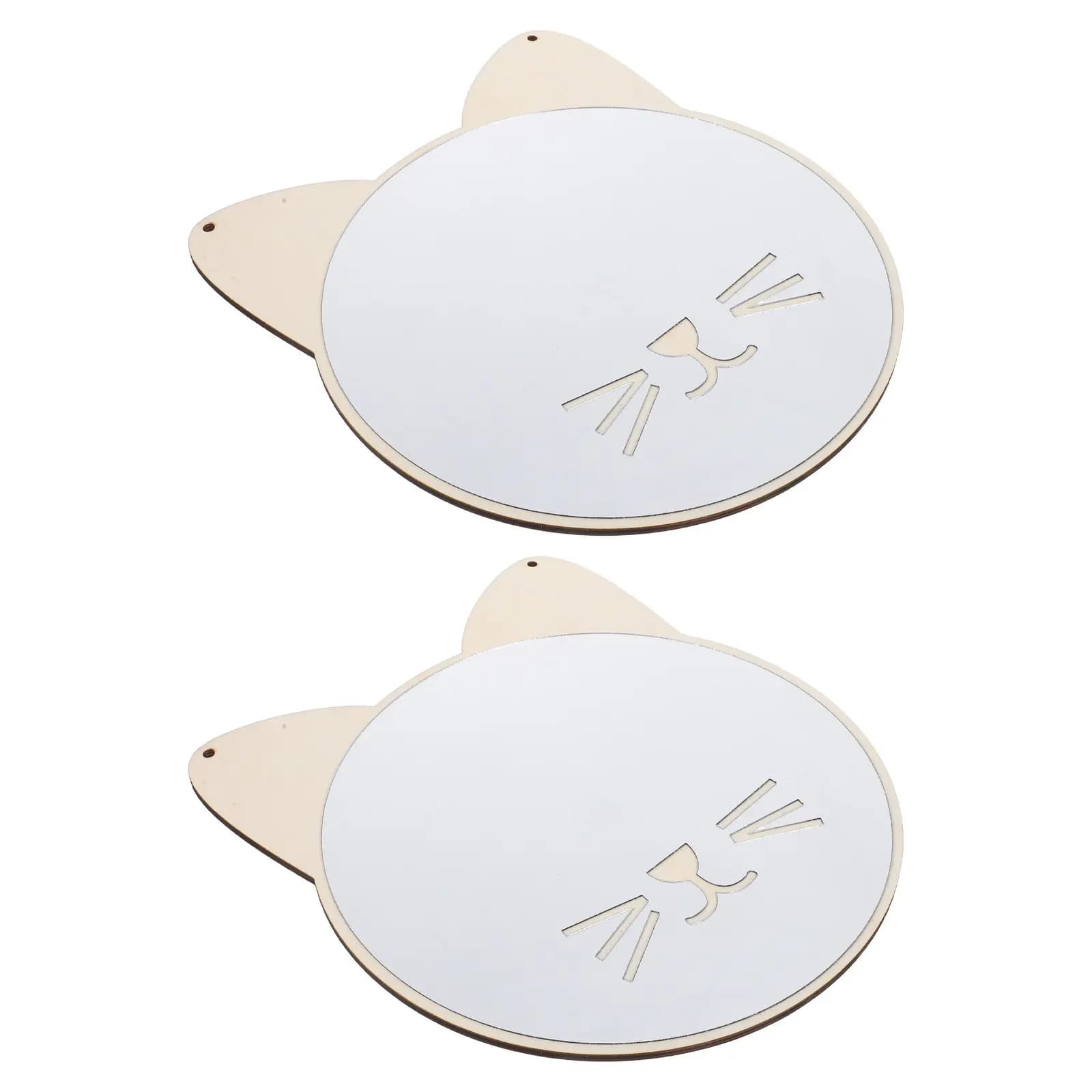 2Pcs Cat Shape Acrylic Mirror Wooden Frame Decorative Hanging Wall Mirror Nursery Kids Bedroom Bathroom Entryway Decor