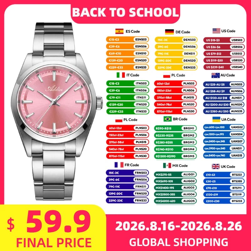 ADDIES Sapphire Crystal Women Watches New Luxury Stainless Steel BGW9 Super Luminous 50m Waterproof Sport Business Ladies Watch