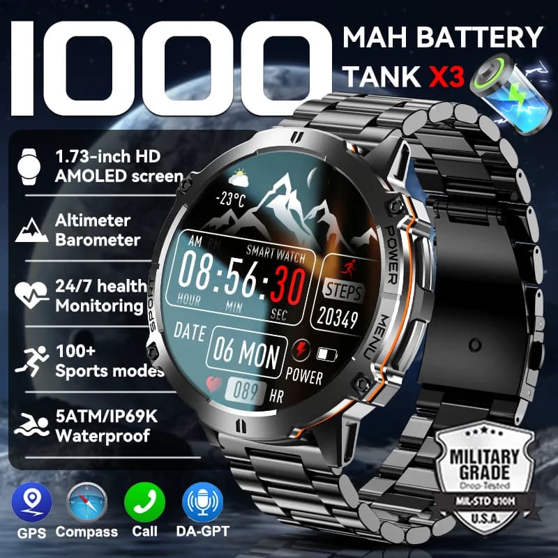 2025New Militare 1000mAh Batteria Astuto Della Vigilanza GPS Altimetro Barometro Bussola 5ATM Impermeabile Chiamata Bluetooth Sport Smartwatch Da Uomo